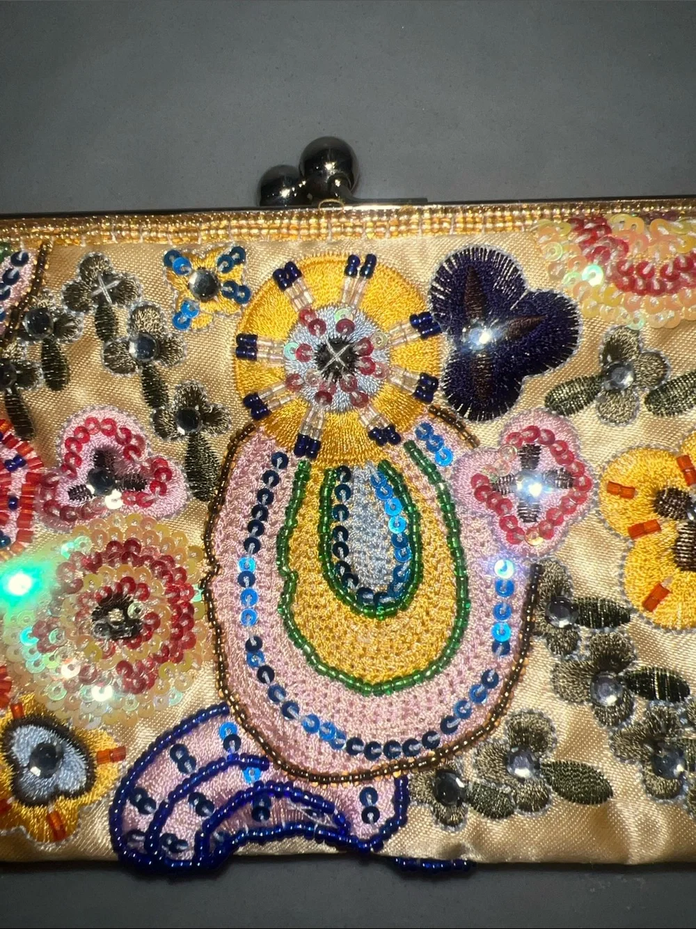 ANTHROPOLOGIE Embroidered Floral Beaded Clutch - Yellow